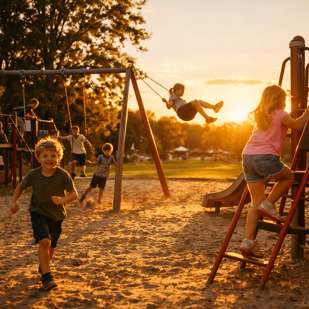 children playing on a playground at sunset, swinging, climbing, and running through golden light with long shadows cast across the sand.