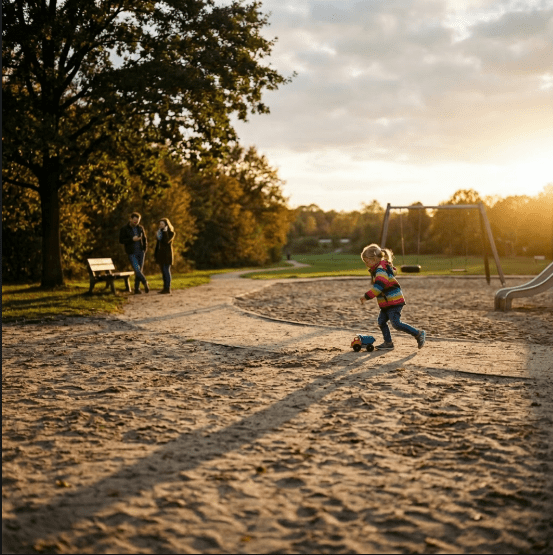 a child playing alone in a playground at sunset, with adults standing in the blurred background and long shadows cast across the sand.
