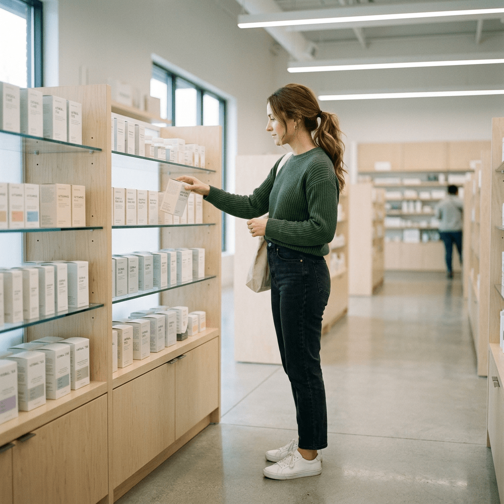 Woman reading a product box on a shelf in a modern health store