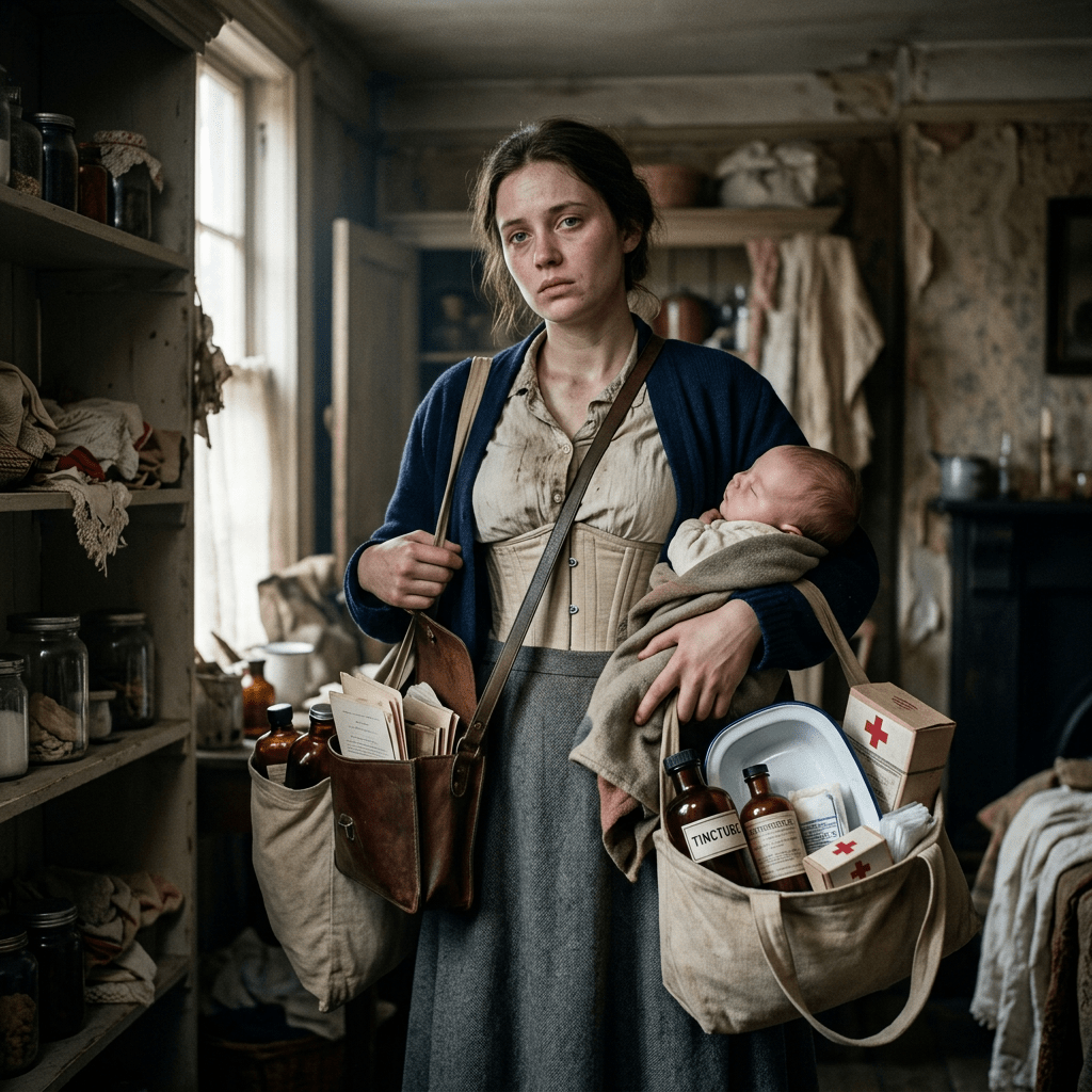 A tired nurse holding a sleeping baby and bags filled with medical bottles and supplies