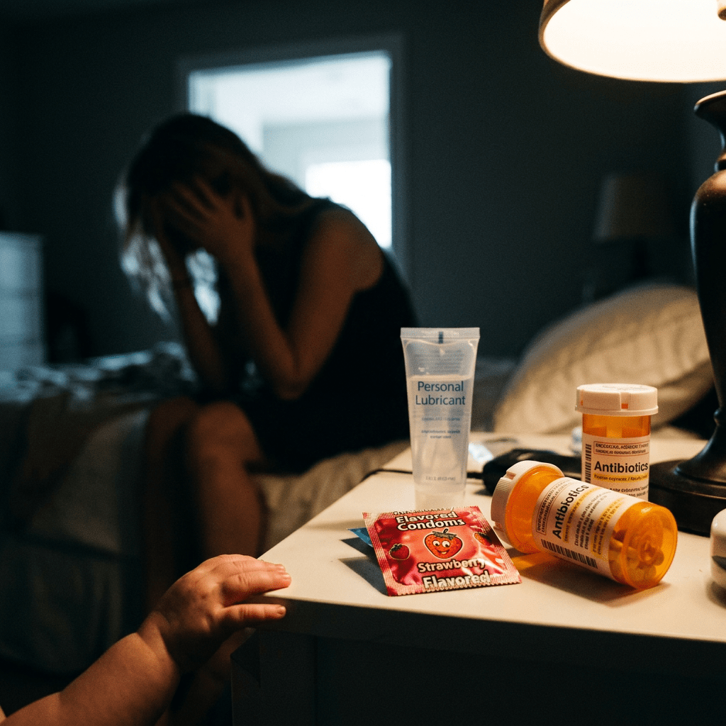 Medications, condoms, and personal lubricant on a nightstand with a distressed woman sitting on a bed in the background