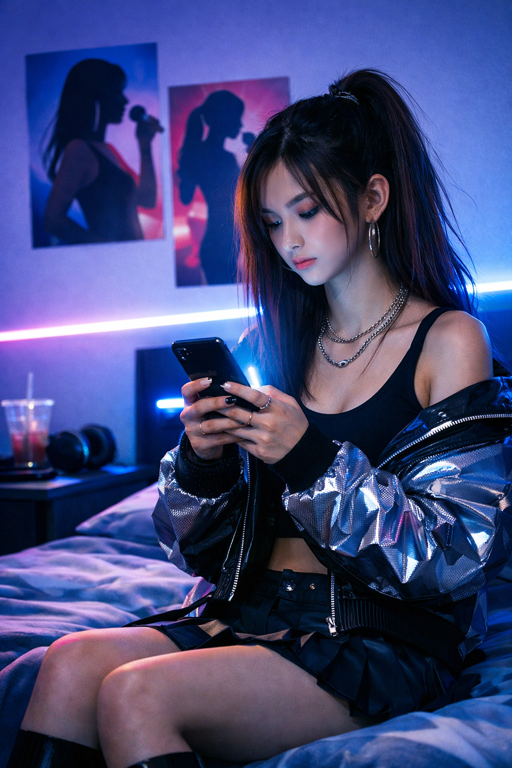 teenager sitting on her bed in a cool, LED‑lit bedroom, wearing trend‑inspired pop‑culture clothing and looking at a glowing phone, with abstract pop‑music posters on the wall.