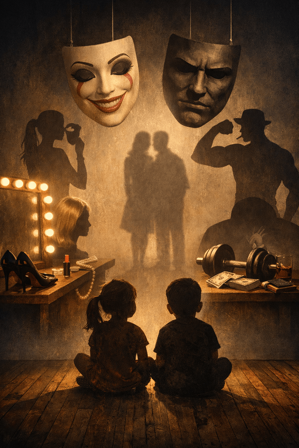 Two children sit on a dimly lit stage watching adult silhouettes perform gender roles beneath hanging masks — one feminine, one masculine — surrounded by symbols of beauty and strength.