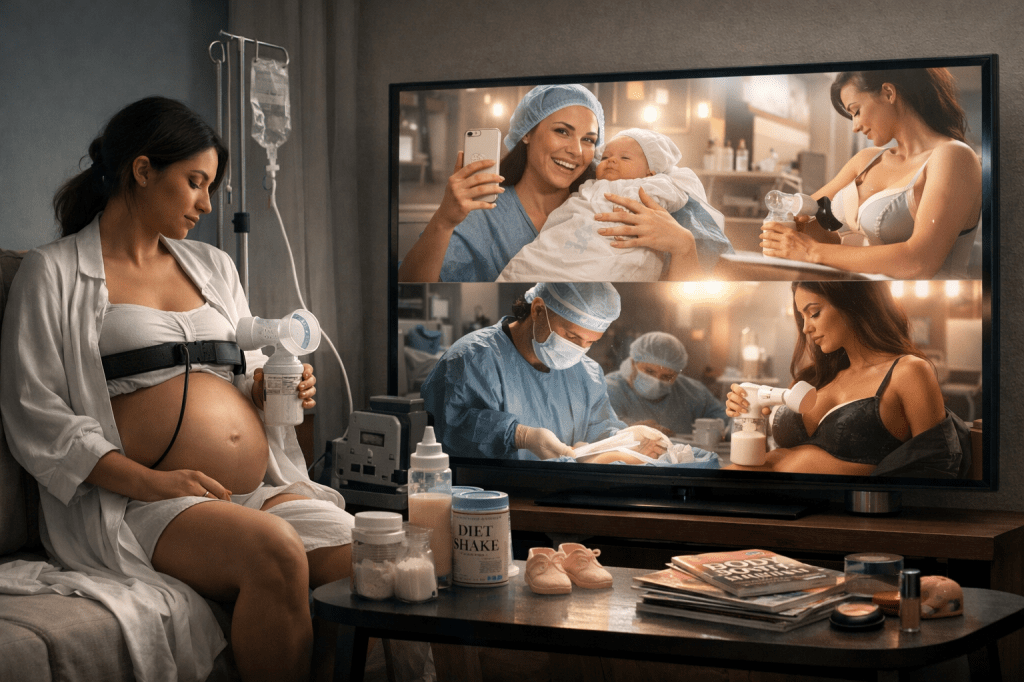 A pregnant woman sits in a modern living room, attached to medical devices and using a breast pump while a television beside her shows glamorized images of influencers and surgical births.