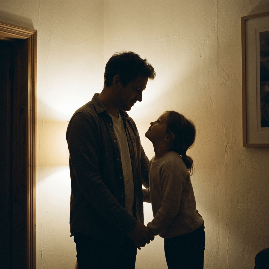 Father and daughter looking at each other holding hands in warm indoor lighting