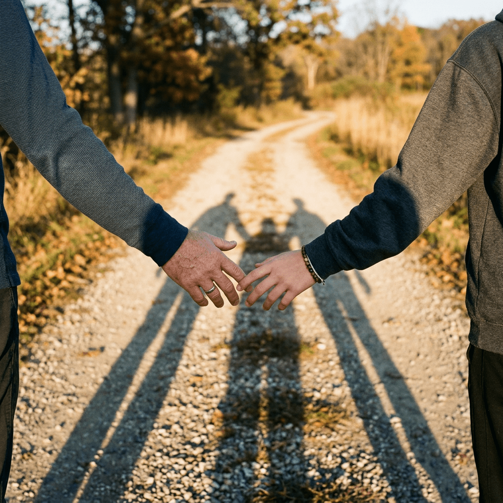 Two adults holding hands with a child's shadow between them on a gravel path