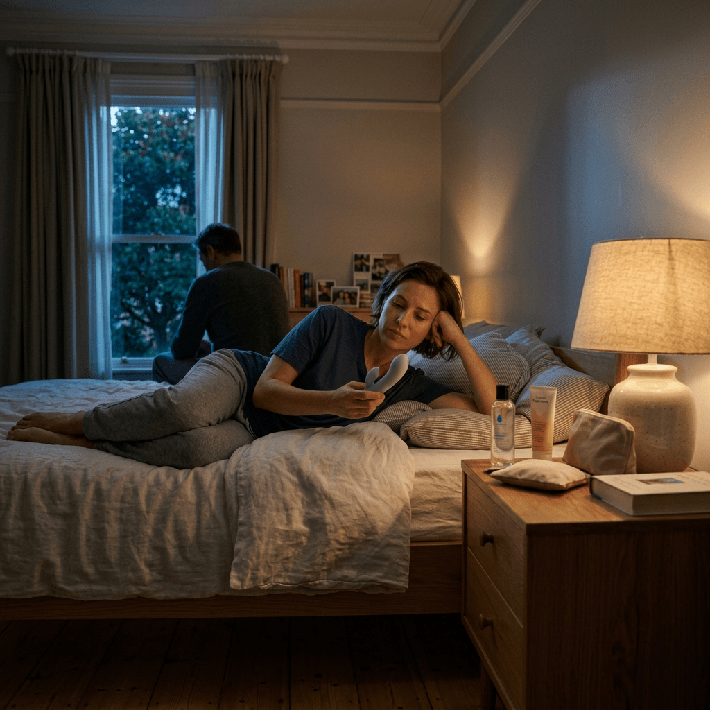 Woman lying on bed reaching for purple vibrator on wooden nightstand