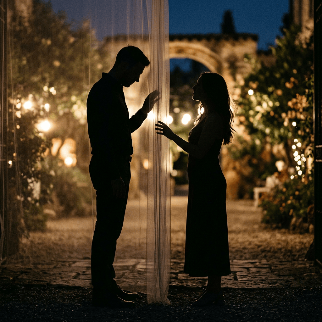 Two silhouetted people facing each other beside sheer curtains in a garden