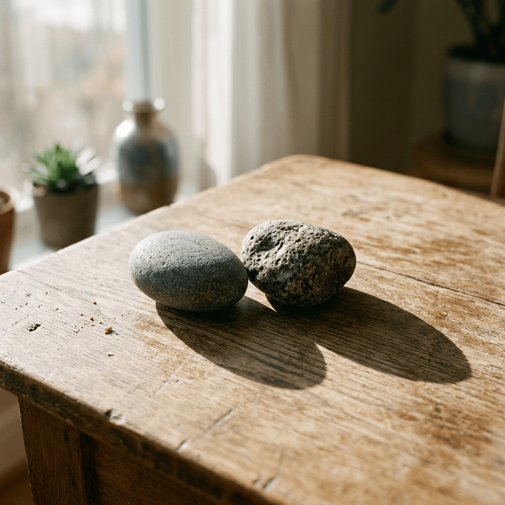 Two textured stones on a sunlit rustic wooden table
