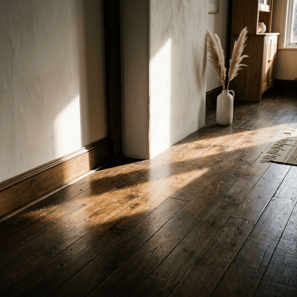 Sunlit rustic hallway with wooden floors, vase, and pampas grass