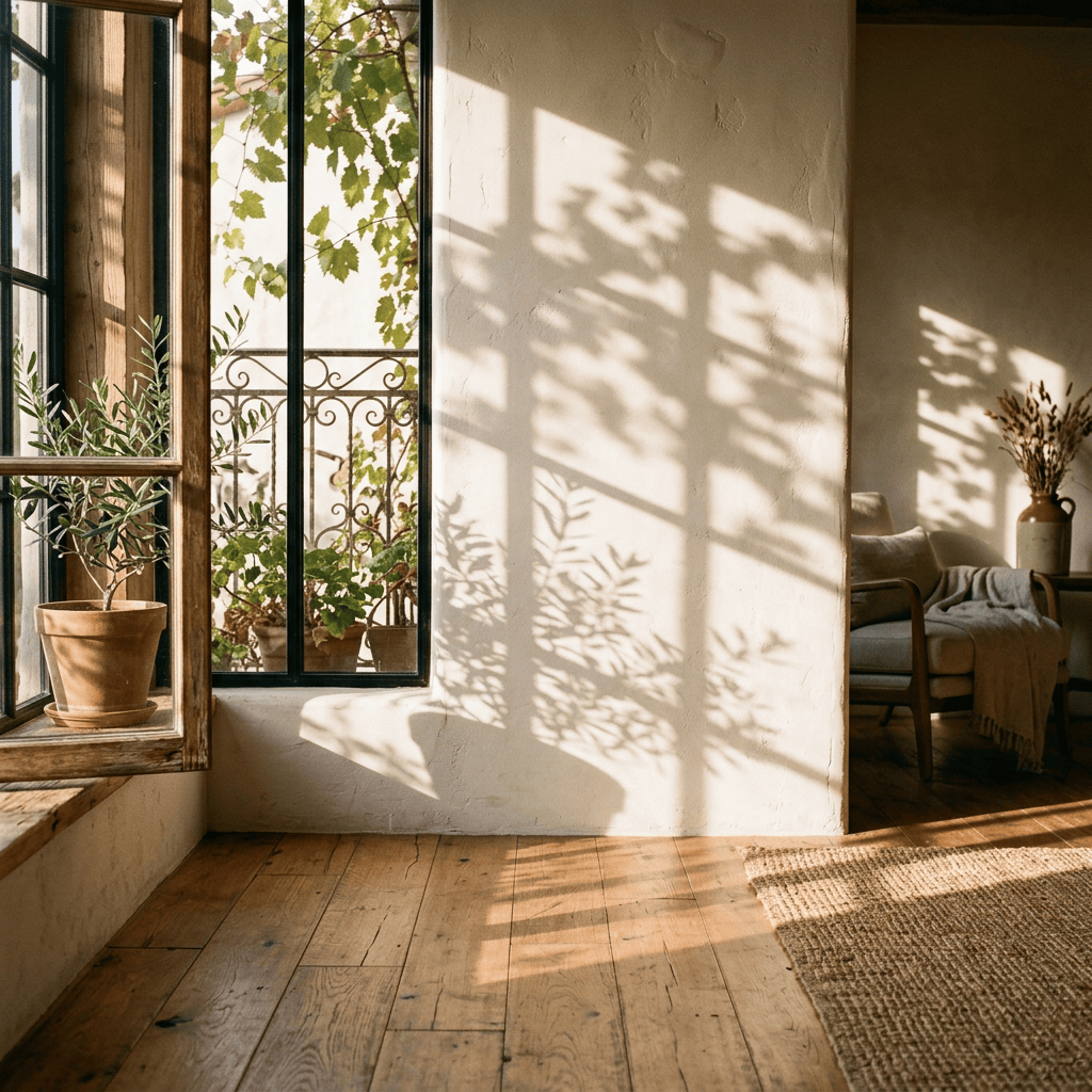 Sunlit room with potted plants, wooden floors, and a cozy chair