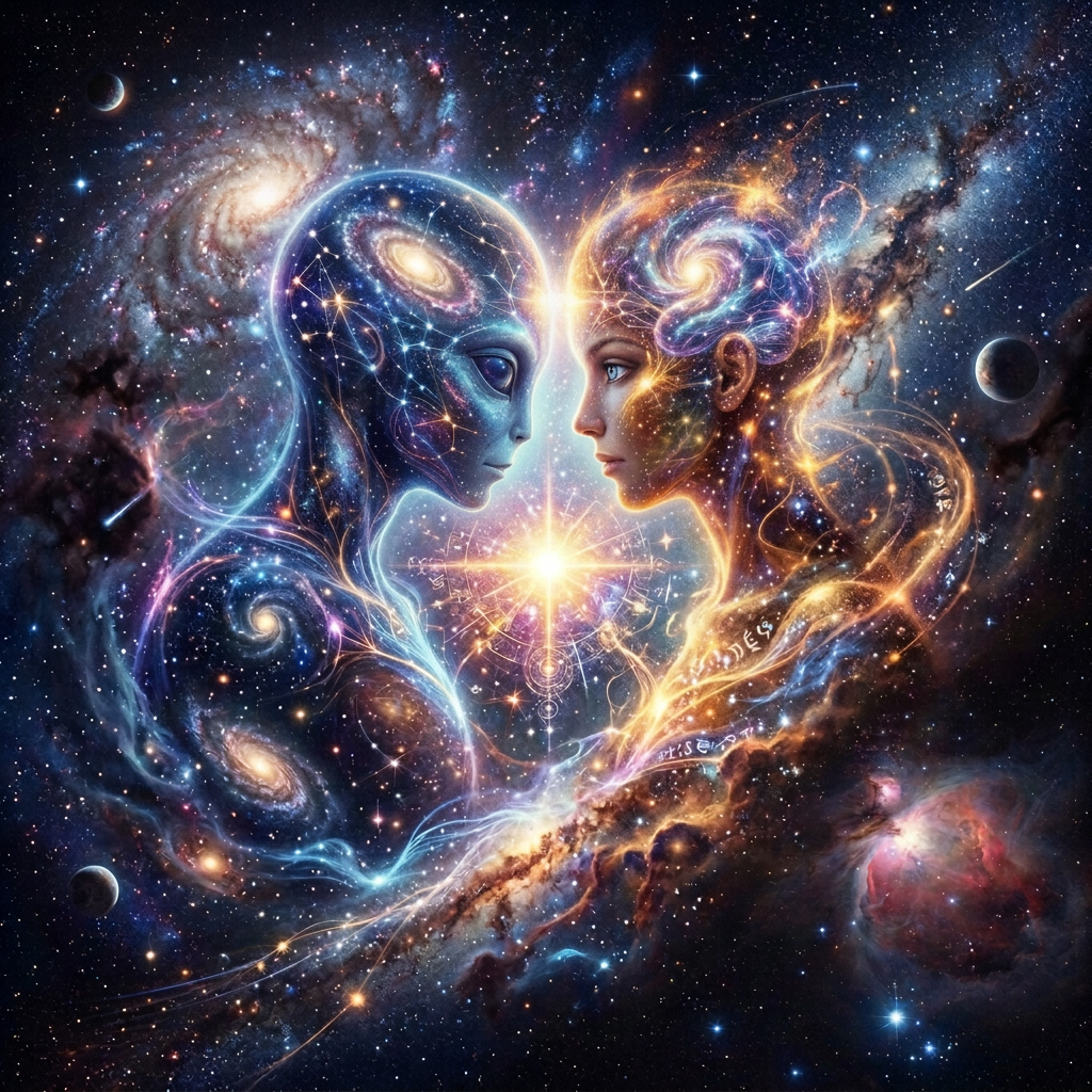 Two cosmic human profiles facing each other amid galaxies and stars